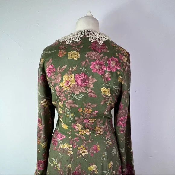 Laura Ashley Vintage Green Floral Long Sleeve Lace Collar Maxi Dress UK 10-12 - Picture 11 of 14